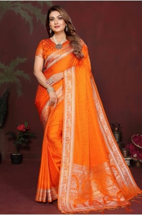 Sari en satin zari orange avec une finition élégante SR29924