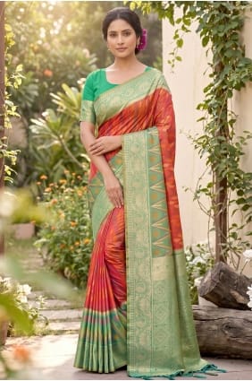 Sari brodé en soie orange SR29951
