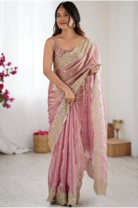Sari en mousseline brodée rose SR29434