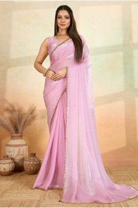 Sari brodé rose en satin SR28704