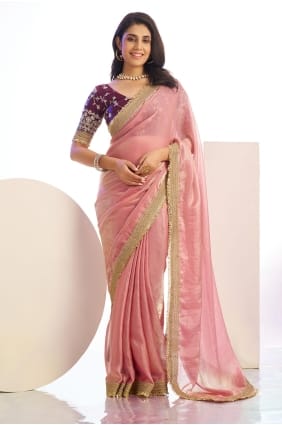 Sari rose en satin brodé avec chemisier assorti SR29764