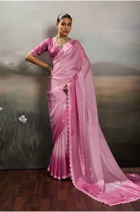 Sari en satin rose brodé SR30035