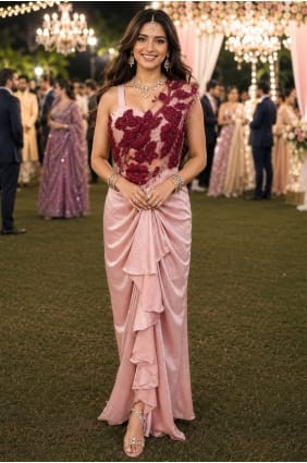 Sari en satin rose brodé SR30146