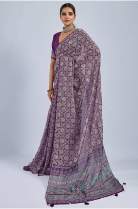Sari en mousseline violette à imprimé SR29981