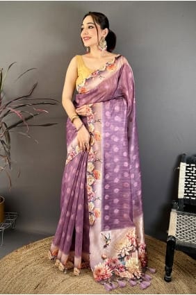 Sari en coton violet imprimé SR30065