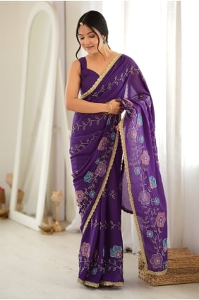 Sari en georgette violette avec chemisier assorti SR30258