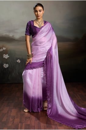 Sari violet en satin brodé avec chemisier assorti SR30032