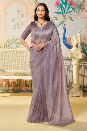 Sari en soie violette orné de pierres et de perles SR29125
