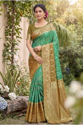 Sari brodé en soie vert Rama SR29948