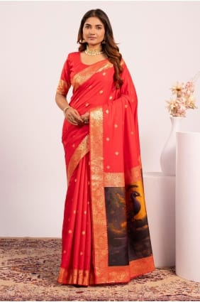 Saree rouge avec Resham, soie zari Banarasi SR29780