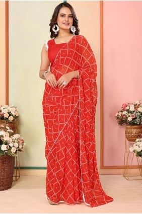 sari en georgette rouge avec imprimé SR28481