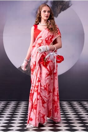 Sari rouge en satin imprimé avec chemisier assorti SR29938