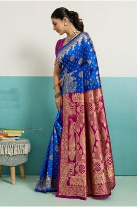 Sari bleu royal en soie Zari Banarasi avec chemisier SR29726