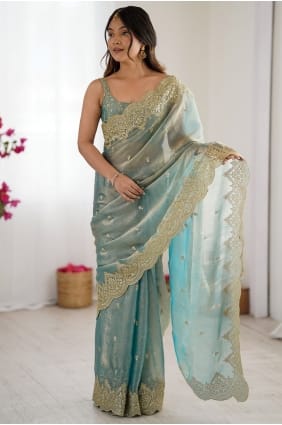 Sari bleu ciel en mousseline brodée SR29438