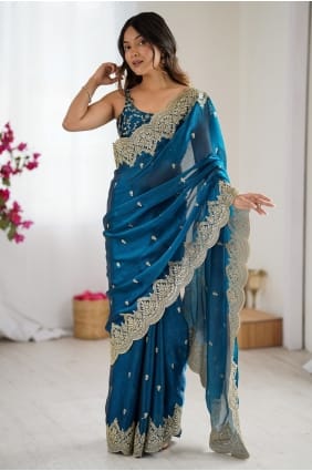 Sari brodé en mousseline turquoise SR29436