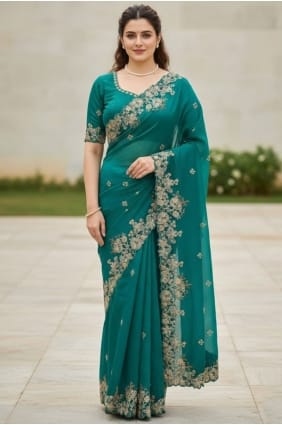 Sari bleu sarcelle en mousseline brodée SR29639
