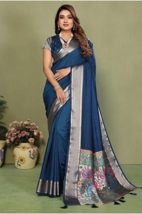 Sari en soie bleu sarcelle avec zari SR29706