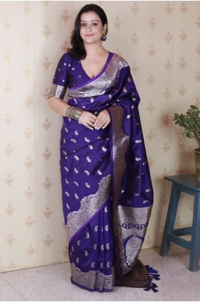 Sari en soie Banarasi violet avec tissage SR28969