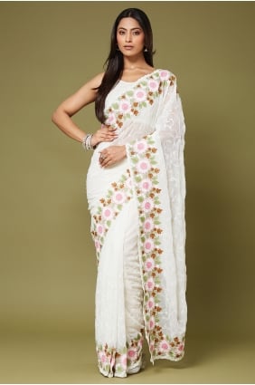 Sari en mousseline orné de sequins blancs, de fils et de broderies SR30324