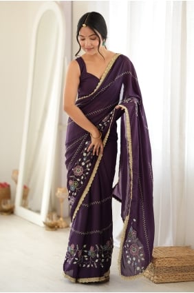 Sari bordeaux en georgette brodée SR30261