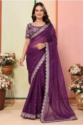 Sari en organza brodé couleur vin avec chemisier SR28686