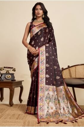 Sari en satin avec tissage couleur vin SR28875