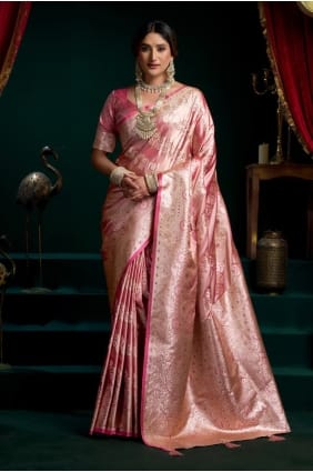 Sari rose en satin et soie brodés, avec chemisier assorti SR29569