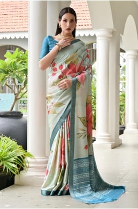 Sari en satin beige imprimé zari SR29775