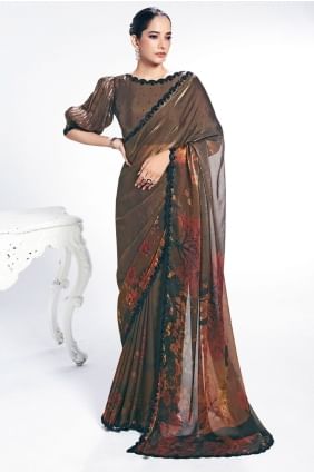 Sari en satin marron brodé SR28955