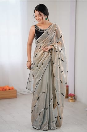 Sari en satin brodé doré avec chemisier assorti SR29940