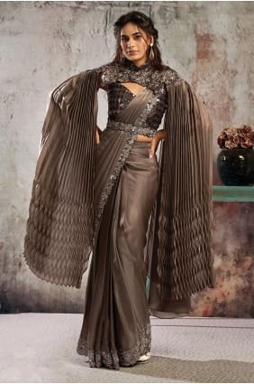 Sari en satin fait main couleur café SR29801