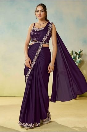 Sari en satin violet foncé avec manches SR29172