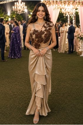 Sari beige en satin brodé SR30147