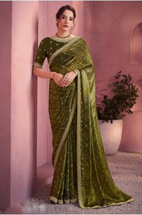 Sari vert en satin brodé et imprimé SR29057