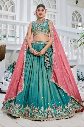 choli lehenga vert mer brodé en satin avec dupatta LC8488