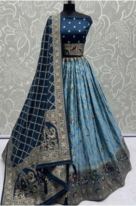 Lehenga choli en satin georgette effet miroir bleu LC8653