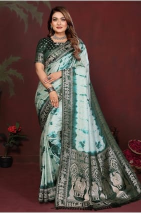 Sari en satin zari vert avec une finition élégante SR29855