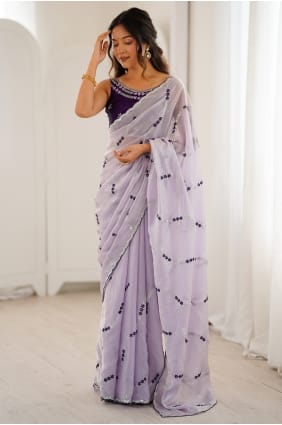Sari en satin brodé à paillettes lavande SR29941