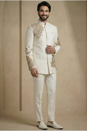 Kurta-pyjama en satin blanc pour homme, avec gilet brodé. KURR242