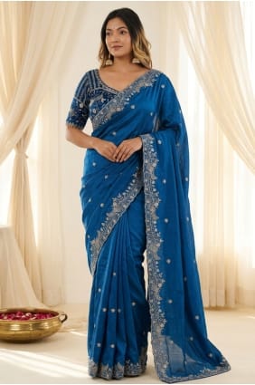 Sari bleu turquoise brodé en satin, idéal pour les fêtes SR30104