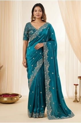 Sari bleu sarcelle de soirée en satin brodé SR30109