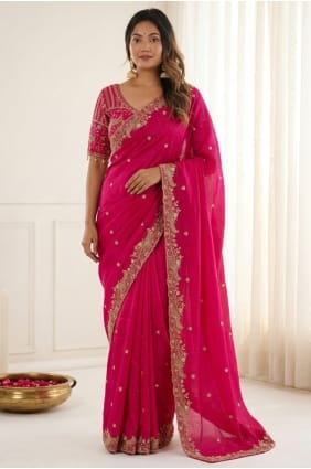 Sari de soirée en satin brodé rose SR30107