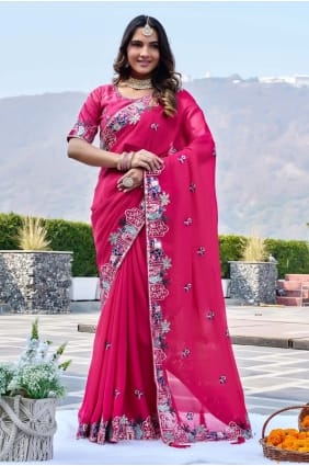 Sari en satin rose à sequins et fils SR29624