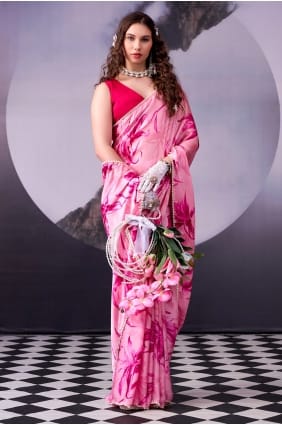 Sari rose en satin imprimé SR29935