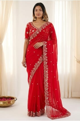 Sari en satin brodé rouge SR30200