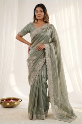 Sari vert satiné brodé SR30143