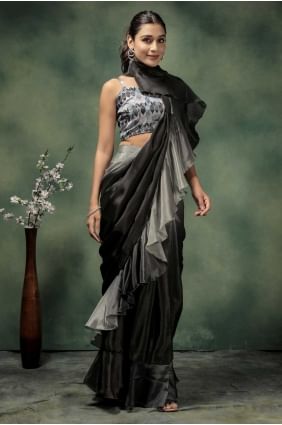 Sari gris en satin imprimé SR28729