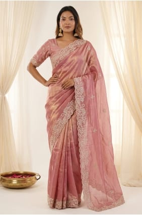Sari en satin rose brodé SR30145