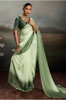Sari vert brodé en satin SR30031