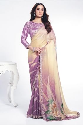 Sari brodé en satin violet SR28953